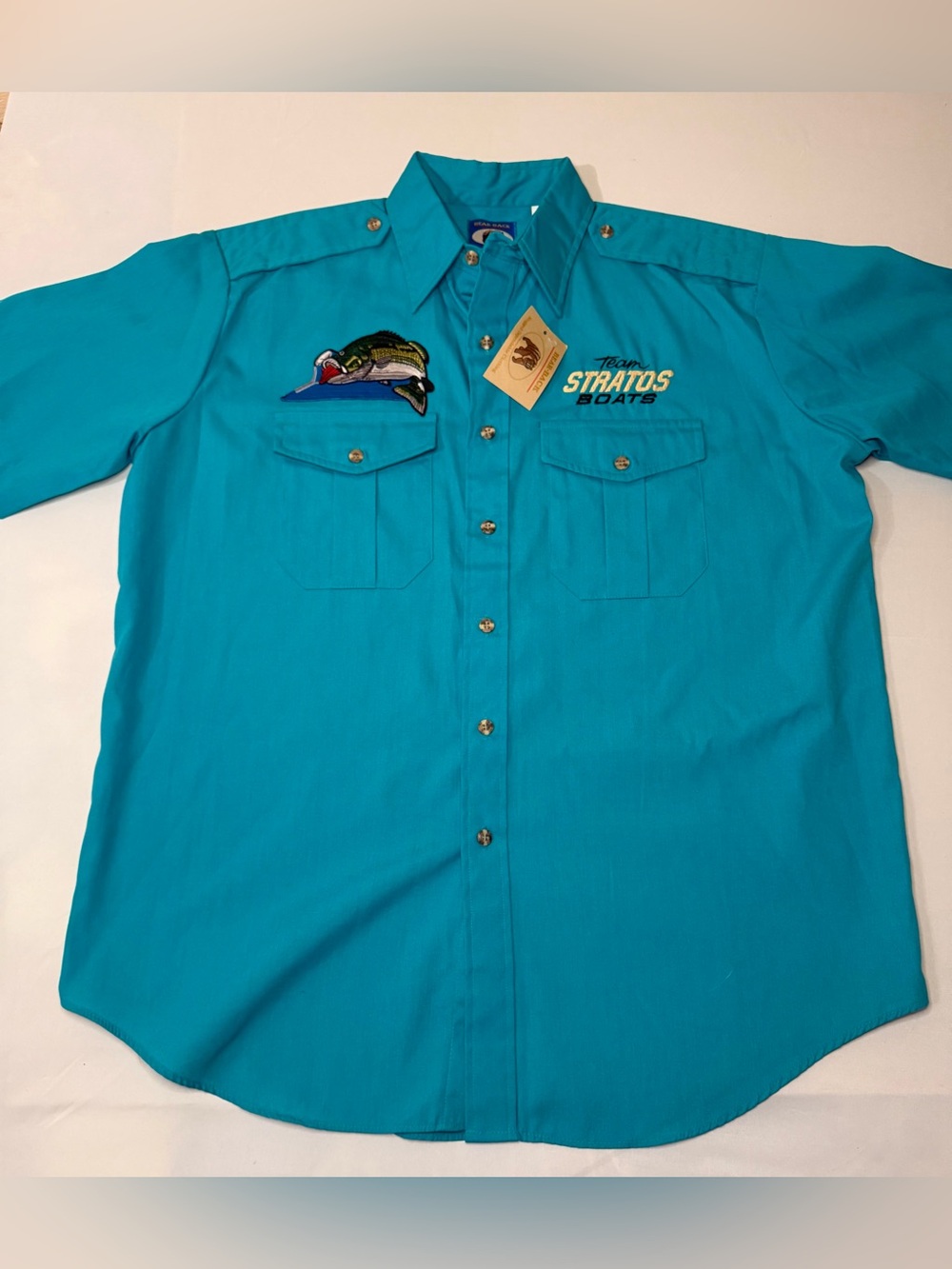 Vintage NEW Team Stratos Pro Bass Fisher Button Up Bear-Back Mens L Made In USA